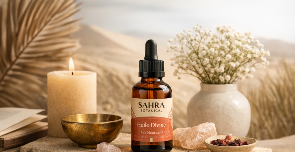 Sahra Botanical — Huile Divine Élixir Nourrissant posée sur pierre naturelle avec bougies et fleurs séchées