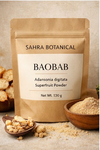 Baobab Sahra Botanical — sachet kraft avec poudre et morceaux de superfruit séché