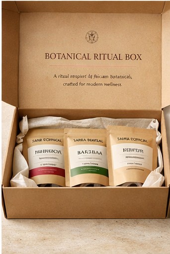Botanical Ritual Box Sahra Botanical — coffret découverte ouvert avec les quatre sachets kraft sur tissu blanc