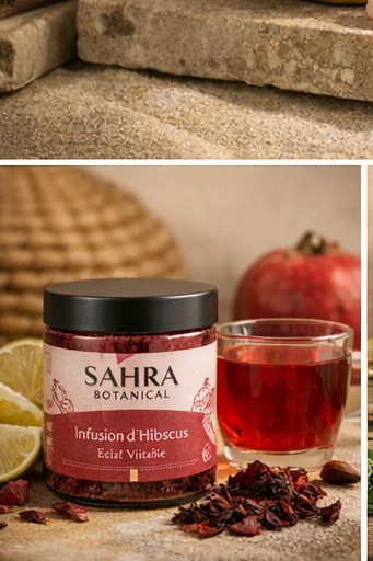 Infusion d'hibiscus Sahra Botanical servie dans un verre rubis — rituel de la maison